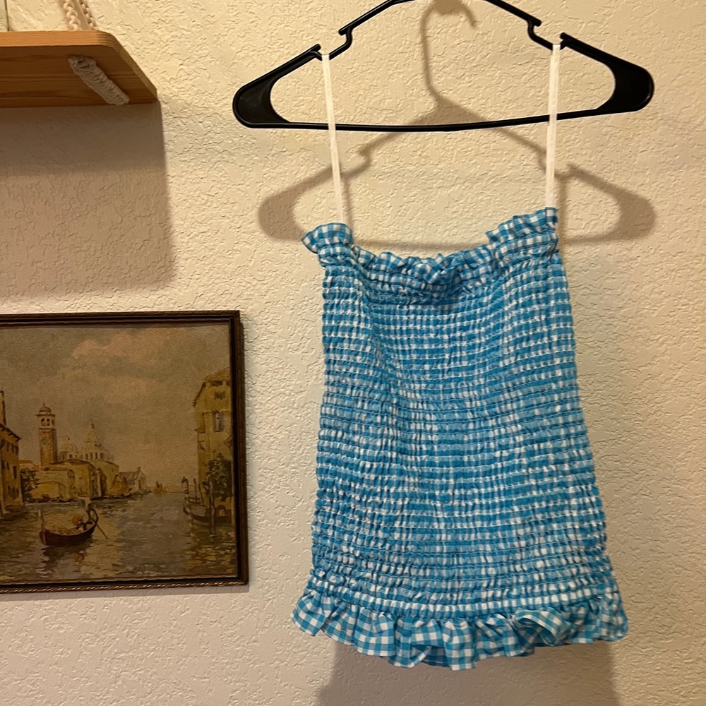 Blue Smocked Strapless Top